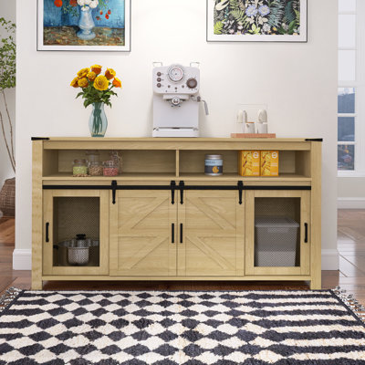 59.3''Sideboard With Sliding Barn Door And Mesh Panels,Farmhouse Buffet With Open Storage,Natural