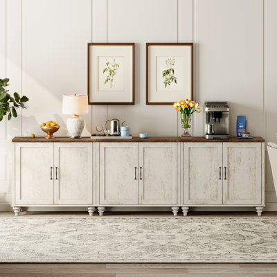 Buffet Corretta avec bar intégré, buffet de style campagnard de 259 cm (102 po) pour salle à manger, meuble de rangement moderne pour cuisine, grand meuble de rangement avec portes en bois, blanc rustique