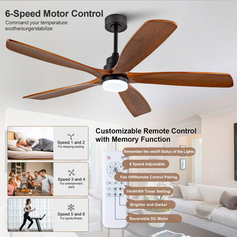 Ventilateurs de plafond de 60 pouces avec lumières et télécommande, ventilateur de plafond extérieur pour patio, grand ventilateur de plafond noir avec lumières pour chambre à coucher, moteur à courant continu silencieux, 5 pales en bois massif à intensité variable