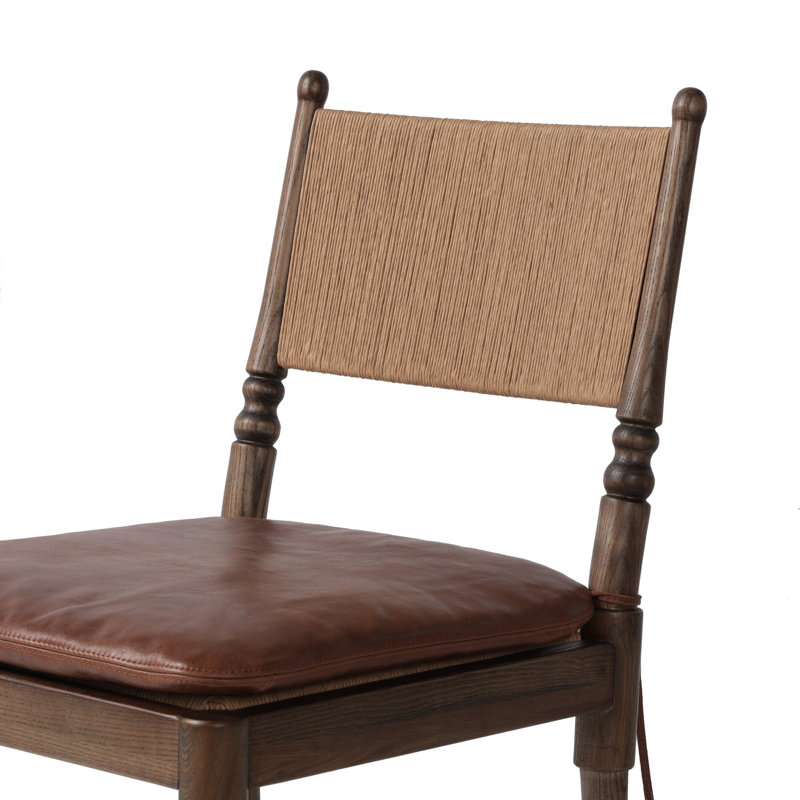 Fayth Dining Chair with Cushion, Mahogany Genuine Leather, Antique Walnut