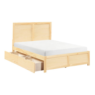 Structure de lit double pleine grandeur contemporaine avec rangement et tête de lit, finition en pin naturel, pièce de chambre à coucher en bois, avec rails de rangement modernes, meubles, lattes incluses, conception transitionnelle