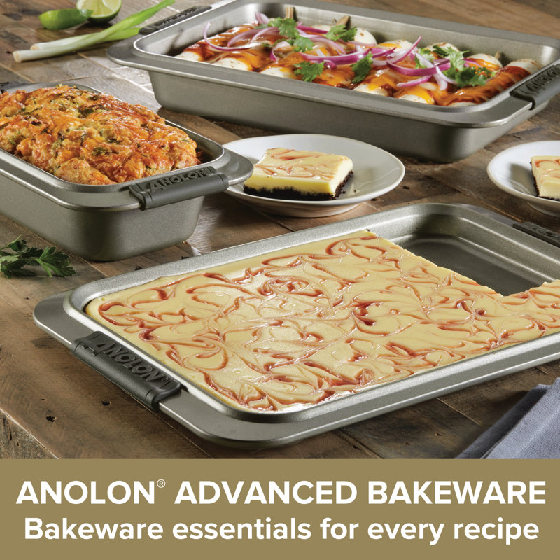Anolon Advanced Nonstick Bakeware / Baking Set with Silicone Grips, Gray, 5-Piece Set (3 Cake Pans, 1 Cookie Sheet, 1 Rack)