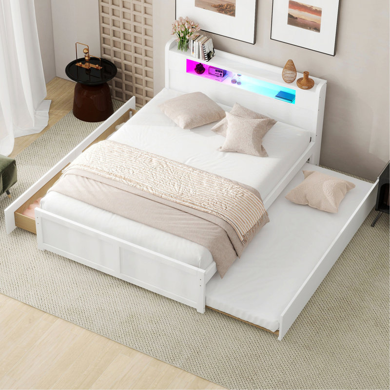 Lit élégant pour appartement, chambre d'amis, lit plateforme avec rangement en bois avec DEL, 2 tiroirs et 1 lit gigogne