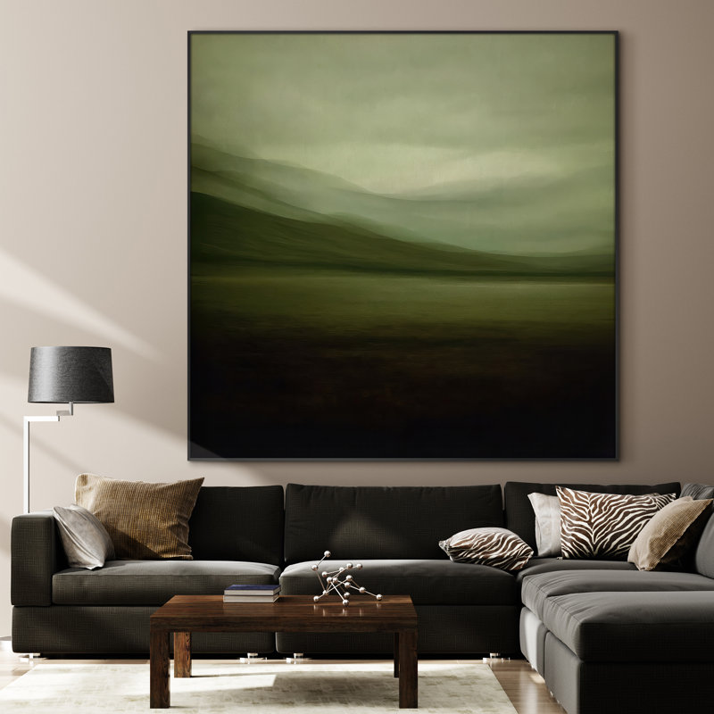 Extra Large Moody Green Landscape Wall Art Print - Abstract Mountain and Field Nature Decor for Living Room or Bedroom, Frame Assembly Required