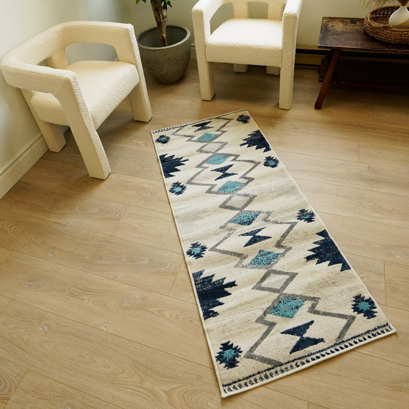 Tapis de couloir bleu et ivoire Strathearn Southwestern, Tapis de couloir 2 pi 3 po x 8 pi