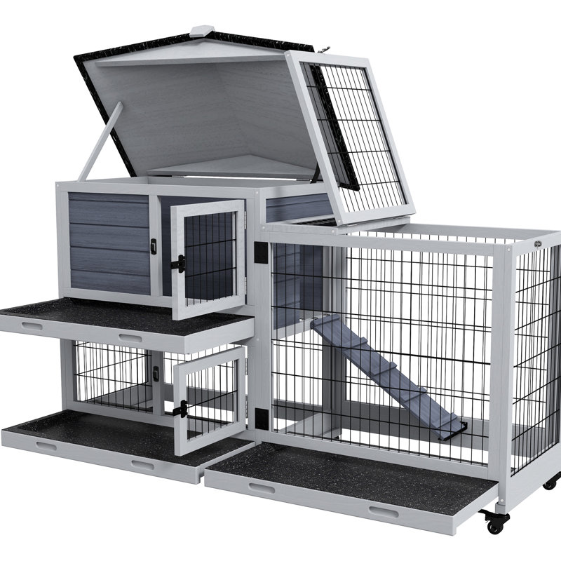 Cage à 2 étages avec plateau coulissant, 59,8 po x 20,9 po x 39,2 po, gris, sécuritaire pour les animaux de compagnie, grand plateau extérieur adapté et durabilité