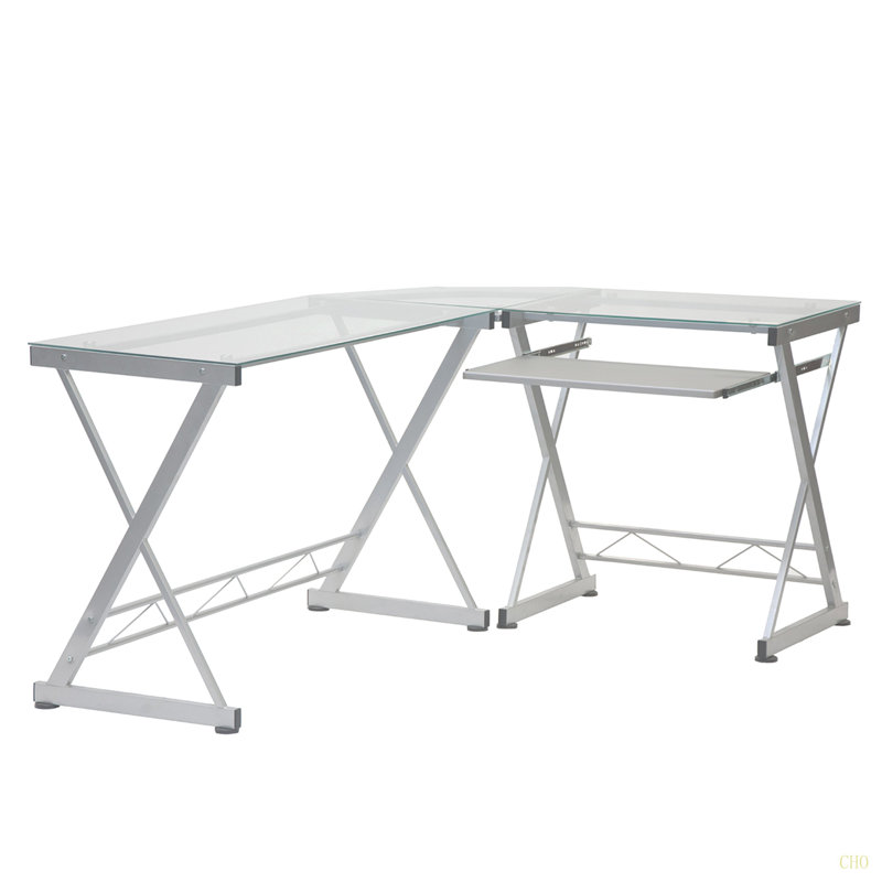 L-Shaped Tempered Glass Top Computer Desk With Pull Out Keyboard Panel, Clear