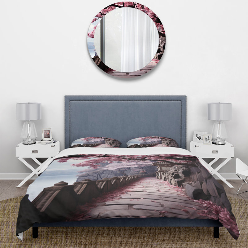 Cherry Blossom Path Pink and Gray Microfiber Duvet Cover Set