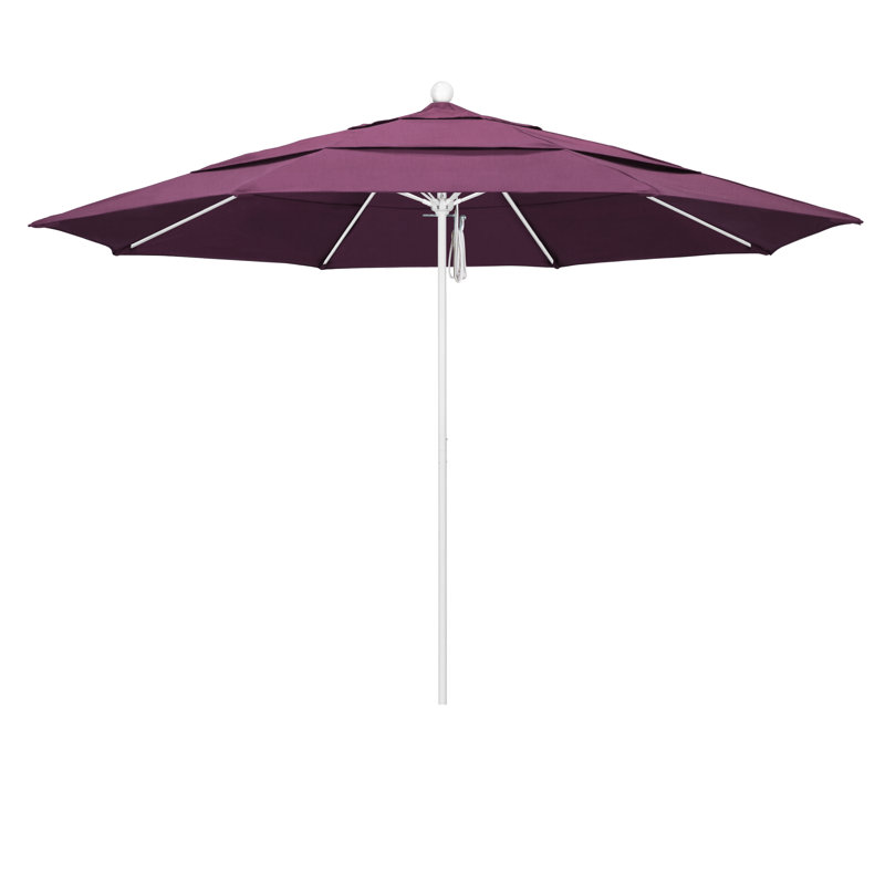 Parasol de marché 11 pi Hibo, Sunbrella® mangue rayé Dolce, Argent anodisé