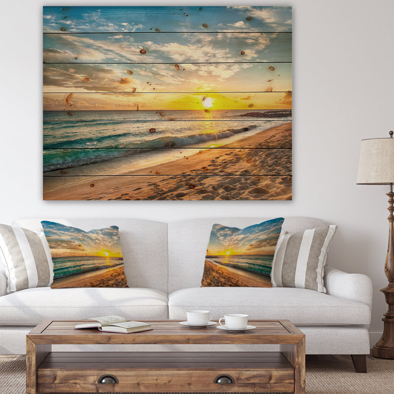 Plage blanche à l'île de la Barbade - impression de paysage marin moderne, H 30 po x l 40 po x P 1,5 po, Bois