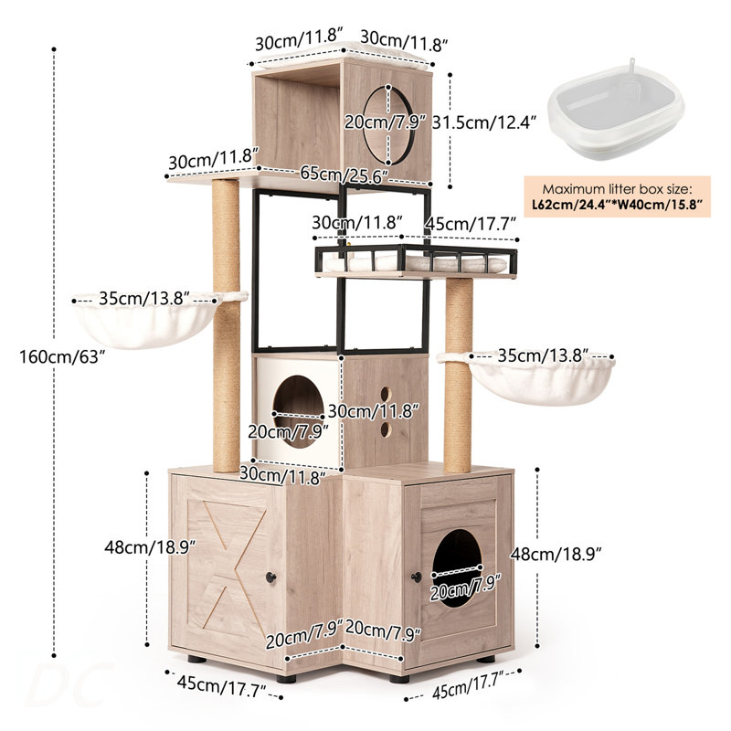 Arbre à chat 63 po multifonctionnel avec bac à litière - Comprend un coussin lavable amovible, des poteaux à griffer et un support à jouets, conception moderne