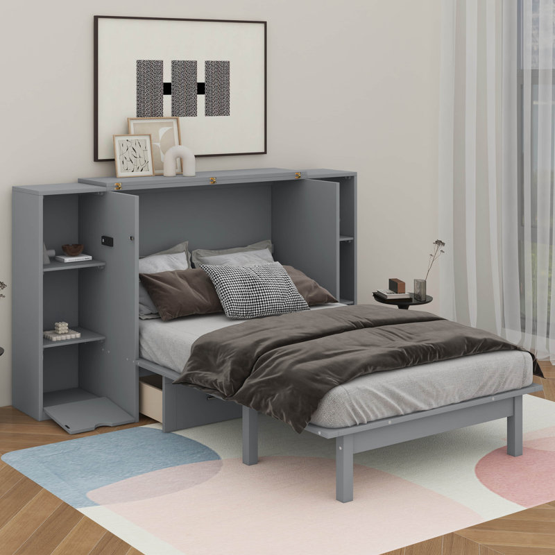 Grand lit escamotable avec tablettes, tiroirs et port USB, Gris