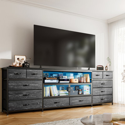 71"w Modern Tv Stand With 12 Drawers, Led Lighting & Built-in Power Outlets For 65/75/80 Inch Tvs, Fabric Storage Dresser With Mesh Door Compartments