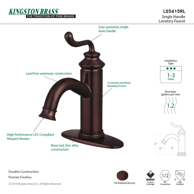 Kingston Brass Royale Single-Handle 1-Hole Deck Mount Bathroom Faucet with Push Pop-Up
