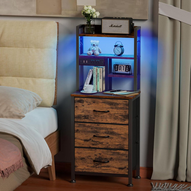 Table de chevet moderne avec tablettes de rangement, tiroirs, éclairage à DEL et station de charge USB, table de bout de chevet pour la chambre à coucher