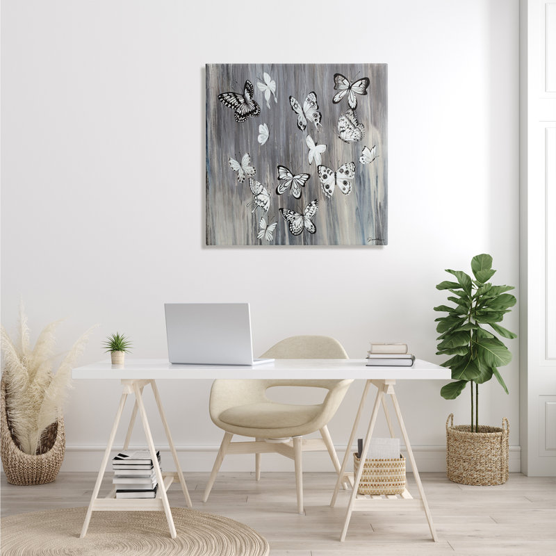 " Rustic Monochromatic Patterned Butterflies Flying Insects ", 30" H x 30" W, Wrapped Canvas