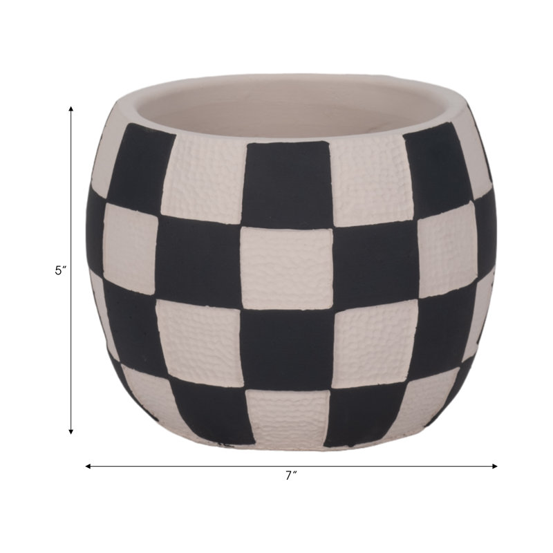 Planter Pottery Cement with Handcrafted Textured Checkered Design and Rounded Silhouette Featuring Durable Construction and Distinctive Visual Pattern for Decorative Display Spaces