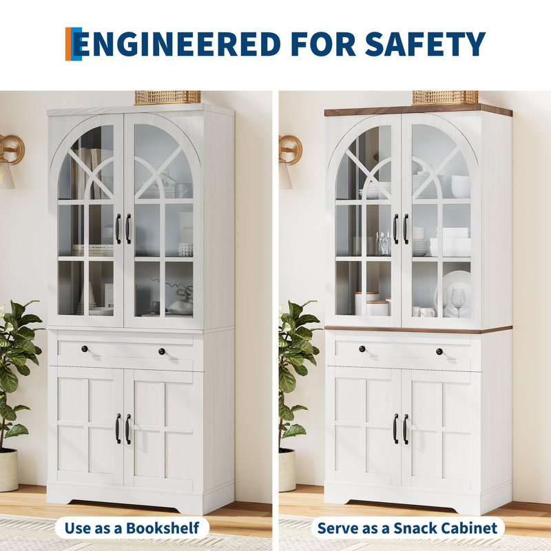 Farmhouse Pantry Cabinet with Tempered Glass Doors - 71.9" Tall Freestanding Kitchen Storage - Adjustable Shelves - Anti-Tip Design for Dining & Living Room - White Color