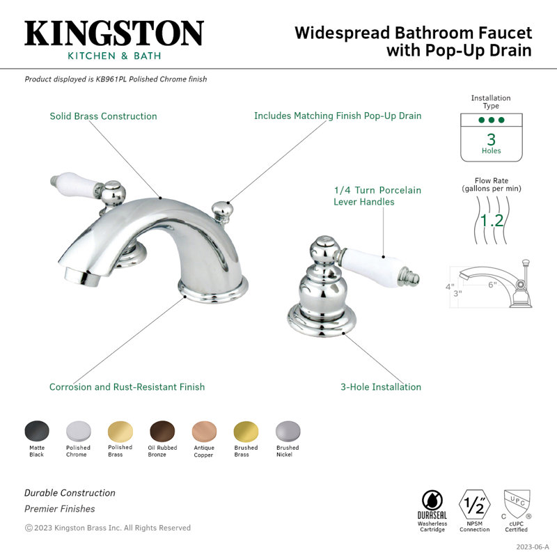 Kingston Brass Magellan Two-Handle 3-Hole Deck Mount Widespread Bathroom Faucet with Retail Pop-Up Drain, Matte Black