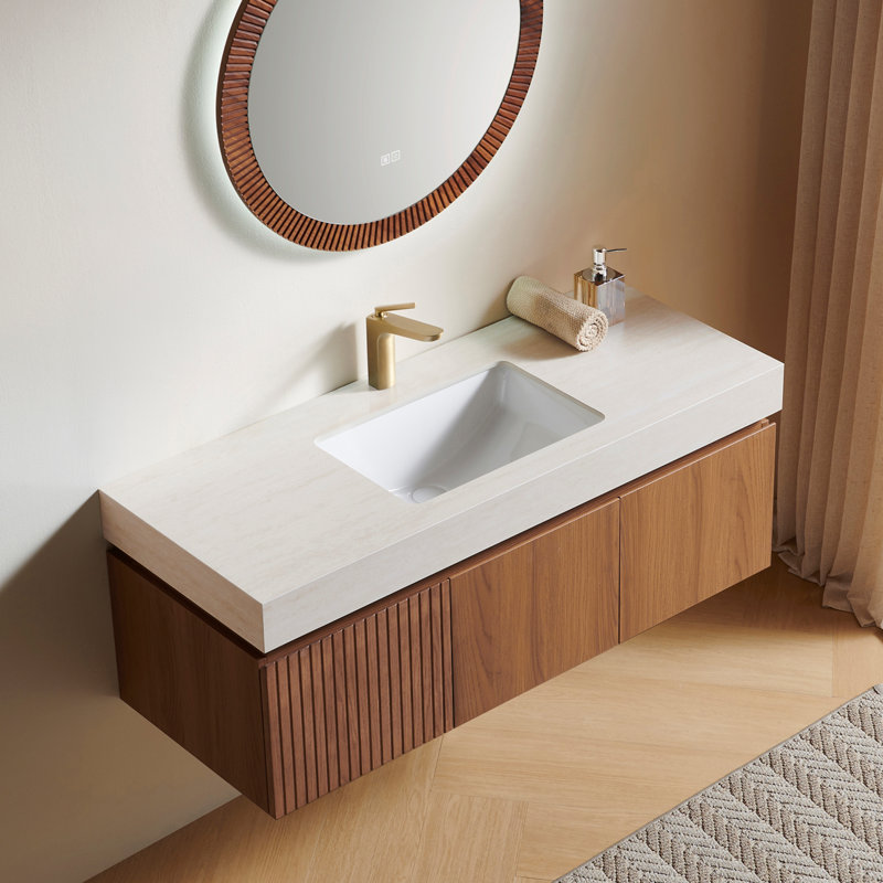 Plywood and Solid Wood Single Bathroom Vanity, 48", Brown Oak, Roma Travertine