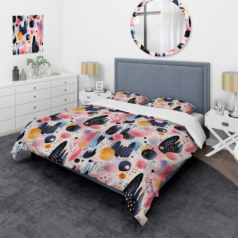 Ensemble de housse de couette bleu et rose Mid-Century, Housse de couette pour très grand lit et 2 très