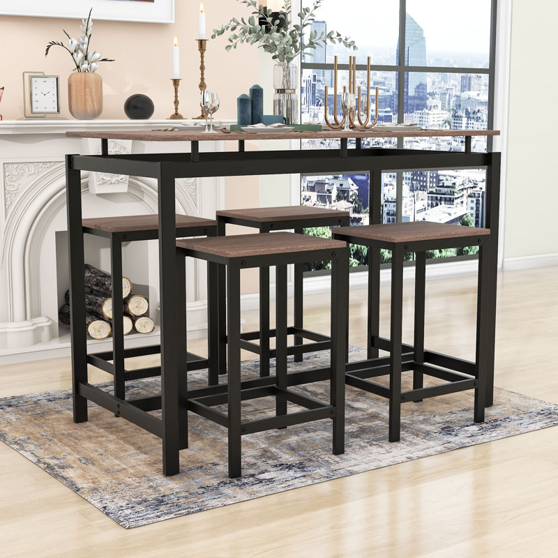 Pipkin 5-Piece Dining Set, Rectangular Table with Steel Frame and Four Stools for Small Space, Dark Brown, Dark Brown