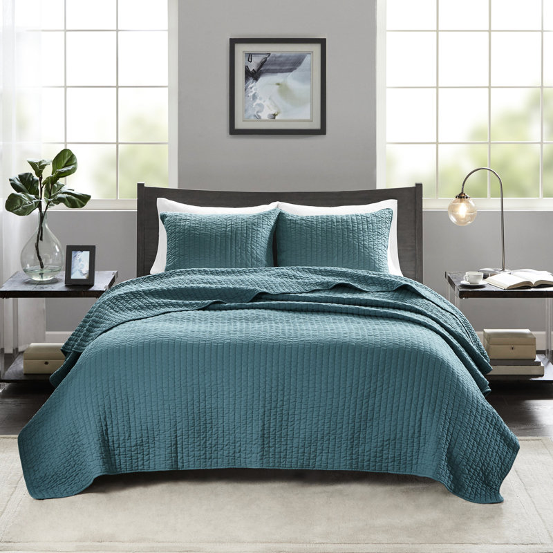 Courtepointe bleu sarcelle double / grand - 3 pièces, tissu en microfibre, rembourré de coton, conception réversible, piquage à point, idéal pour une utilisation à l'année, avec 2 taies décoratives, pièce en microfibre, rembourrage, réversible, literie