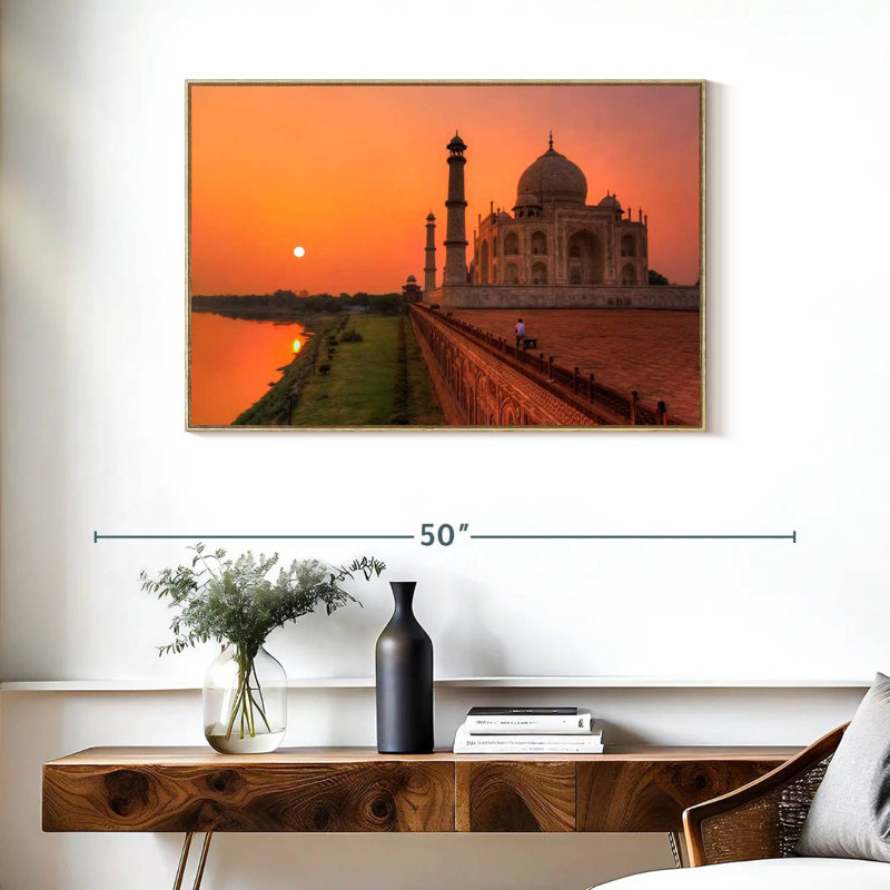 Taj Mahal Sunset Tour, Cadre flottant en bois naturel, 31 po x 21 po