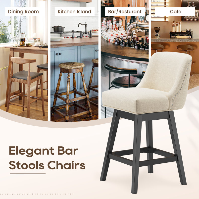 360°Bar Counter Stool with Solid Wood Frame, Beige