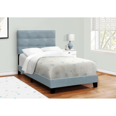 Upholstered Twin Bed In Blue Velvet For A Serene Bedroom Atmosphere Peaceful Sleeping Experience