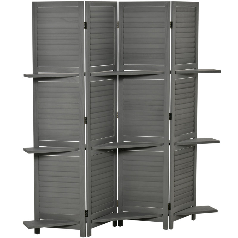 4 Privacy Screen With Storage, 5.6 Ft Gray For Bedroom & Office, Rustic Wood Finish Screen, Wooden Style