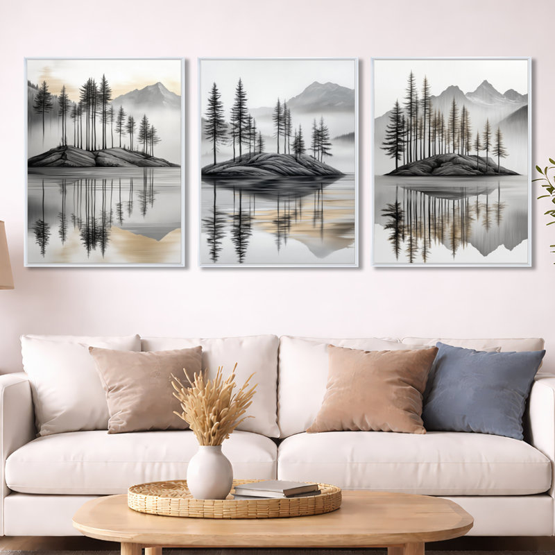 «Elegant Forest Island View I - Lake», art mural, ensemble de 3, 32" H x 72" W, White Floater Framed