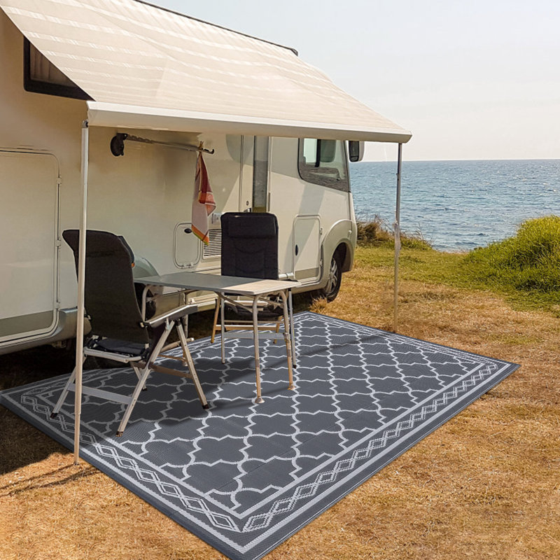 9 x 12 ft Plastic Gray and White Rectangular Area Rug Rhomb Border Modern  for Beach Front Porches Patio Picnic RV Camping Garage