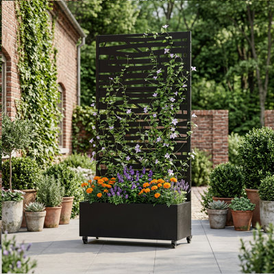 Boîte à fleurs rectangulaire noire en métal avec treillis à découpes abstraites 72 po L 35 po x l 16 po x H 72 po Jardinière autoportante avec roulettes pour plantes de jardin