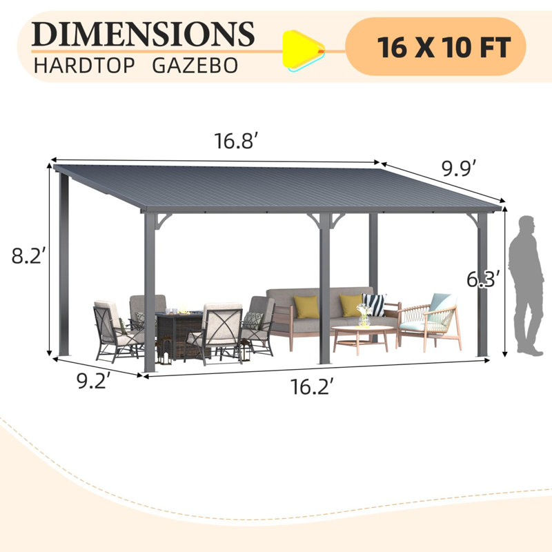 Hardtop Gazebo With Galvanized Steel Sloping Roof, 98.4" H x 201.6" W x 110.4" D 