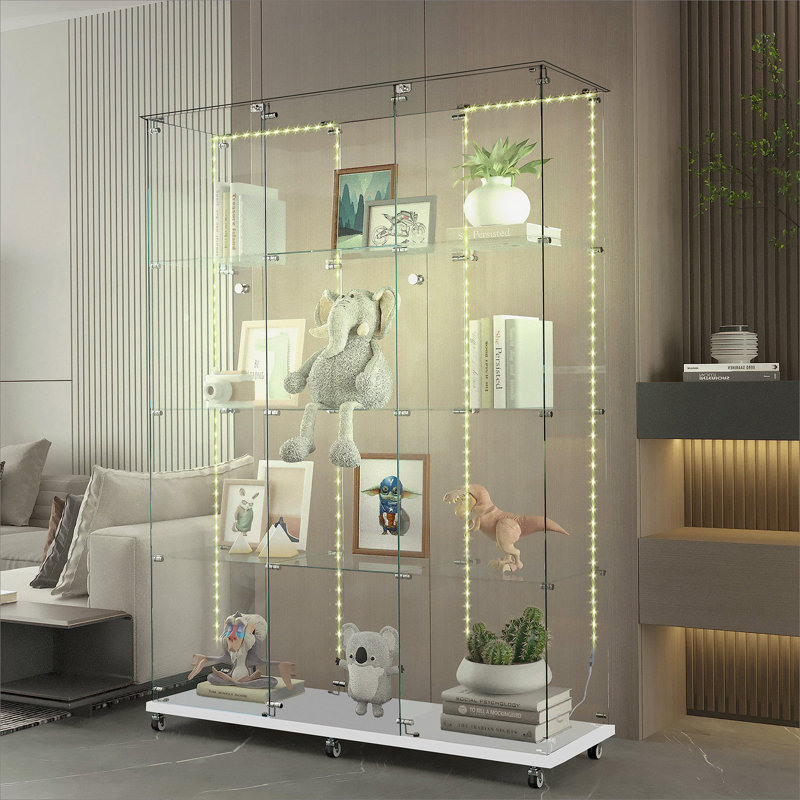 Tempered Glass Display Cabinet,Wine Cabinet, Storage Cabinet,File Cabinet with Bluetooth LED Light Strips,Tempered Glass Top, Lock on Door Wheels,Suitable for Living Room, Bedroom, Hall, Office