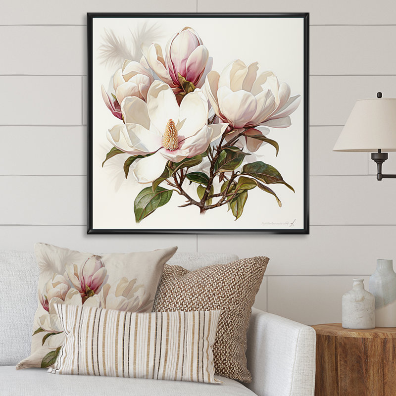 Magnolias en hiver, Encadrement doré, H 16 po x l 16 po
