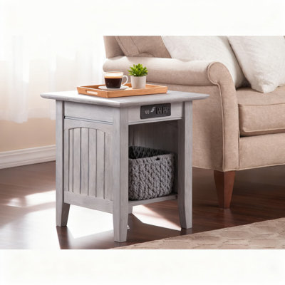 End Table With Built-In Usb Charging Station | Compact Side Table For Living Room, Bedroom & Office | Solid Hardwood Construction In Driftwood Finish