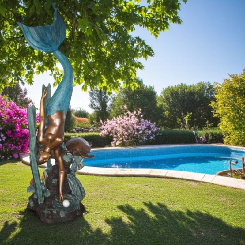 Statue en bronze Mermaid Diving for a Pearl - taille: L 34 po x l 27 po x H 93 po.