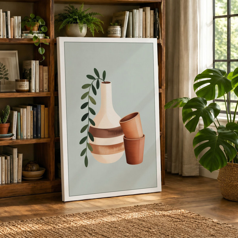 Vessels and Stems Minimalist 1 Piece Wrapped Canvas Wall Art, 30x20 - 76.2 x 50.8 cm, Teal Border
