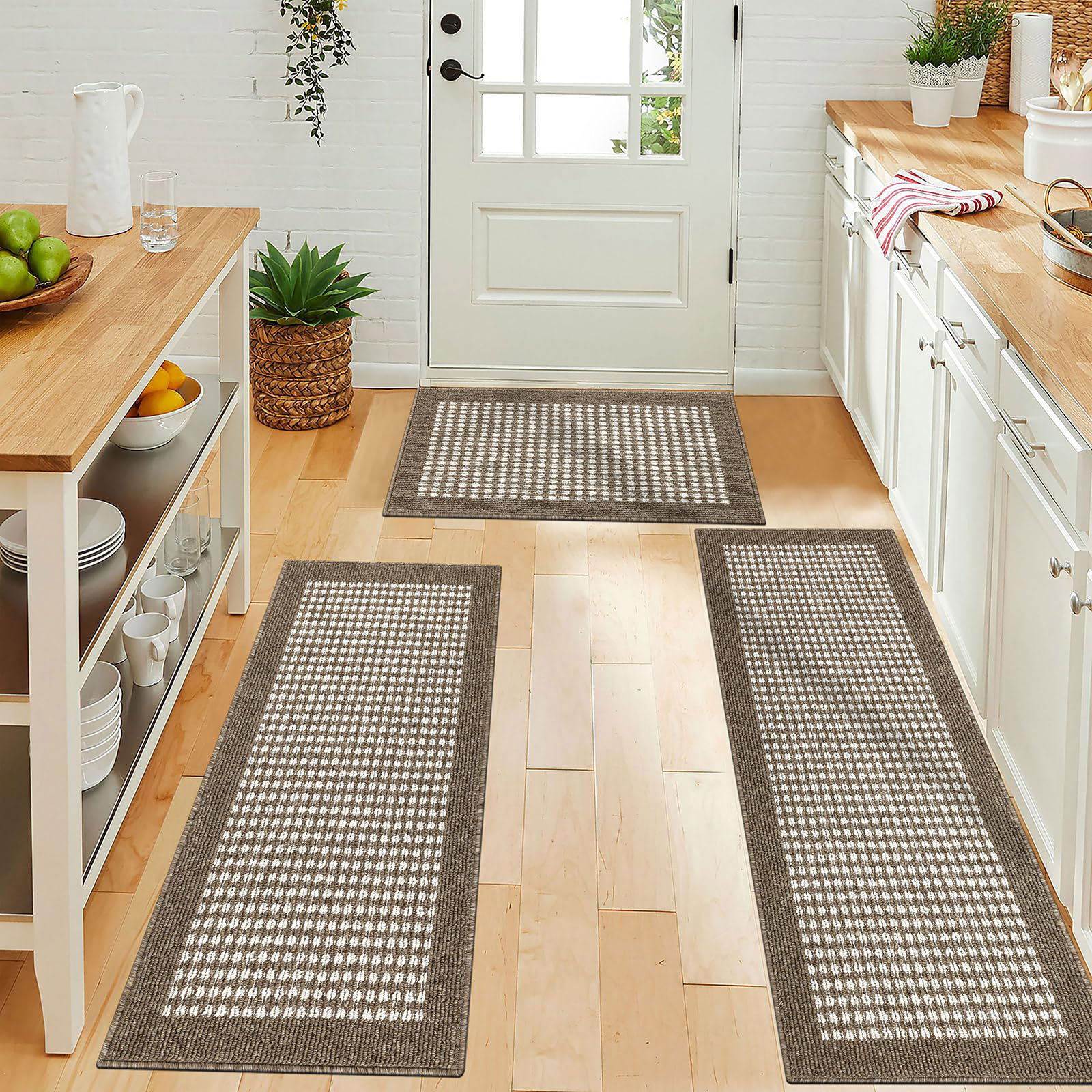 East Urban Home 3-Piece 3D Checkered Kitchen Rug Set With Non-Slip ...