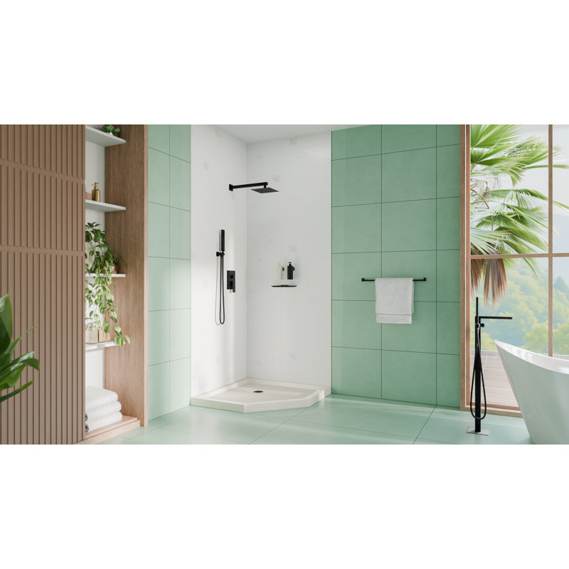 DreamLine SlimLine 36 inch D x 36 inch W x 2 3/4 inch H Biscuit Neo-Angle Shower Base with 2 inch Matte Black Corner Round Drain