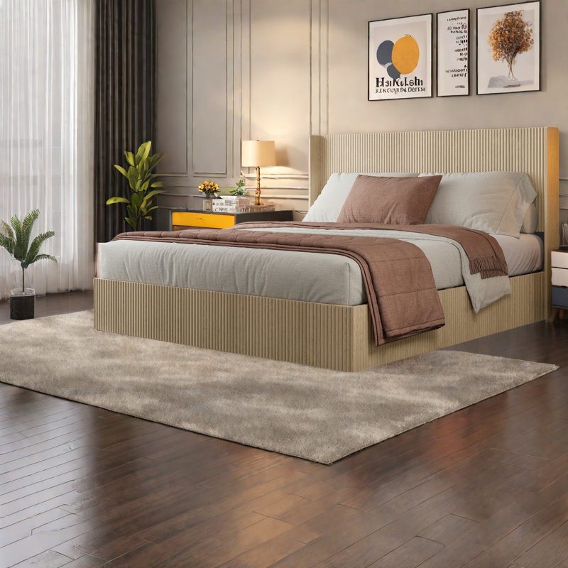 Très grand lit avec rangement en MDF de chêne et fer, design rustique moderne