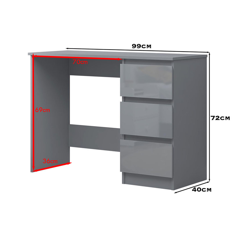 Warren 3 Drawer Dressing Table Study Desk - Modern No-Handle Design, Grey Gloss