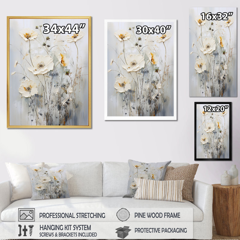 Motif floral blanc sur fond blanc, Cadre simple argenté, H 40 po x l 30 po x P 1,5 po