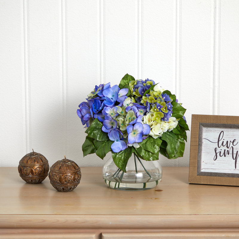 Multicolor Hydrangea Flower Arrangement in Glass Vase