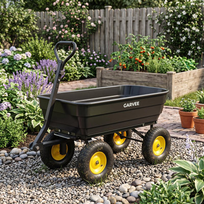 Heavy Duty Garden Dump Cart – 1200 lbs Capacity Utility Wagon with 13" No-Flat All-Terrain Tires, Quick-Release Dump, 180° Rotating Handle, Ideal for Landscaping & Outdoor Yard Tasks – Black + Yellow