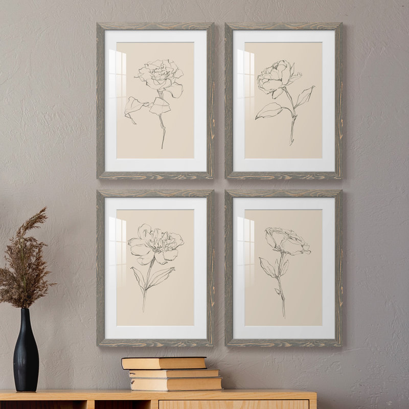 Floral Contour Study I - Ensemble de 4 cadres photo, H 20 po x l 68 po x P 1,5 po, Encadré gris