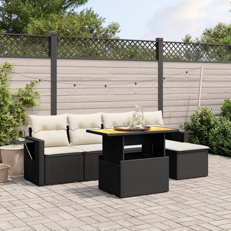  Ensemble de canapé de jardin en rotin PE noir 6 pièces avec accoudoirs réglables