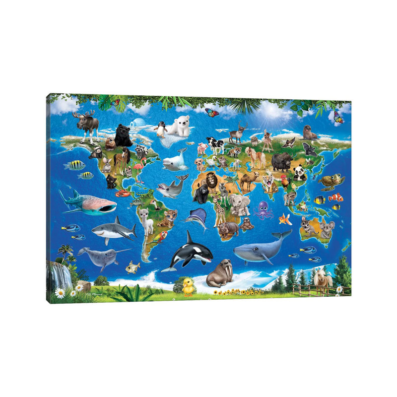 Animal Club World Map by P.D. Moreno - Print on Canvas, 66.04 cm H x 45.72 cm W x 1.91 cm D, Wrapped Canvas